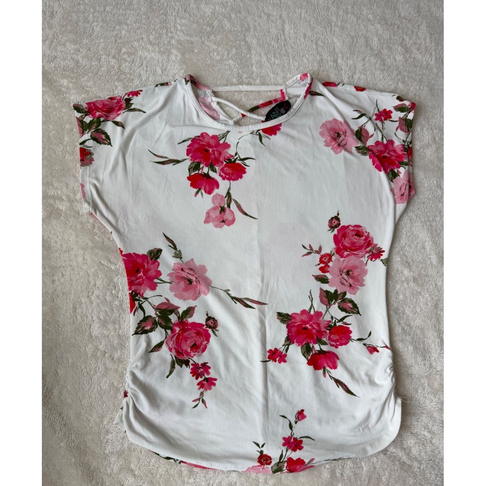 SAY ANYTHING Floral Ruched Side‎ Cap Sleeve Top Pink White Lattice Back